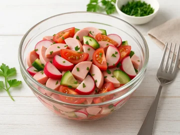 Sommerlicher Wurstsalat mit Bockwurst, Radieschen, Tomaten und Gurke in einer Glasschüssel