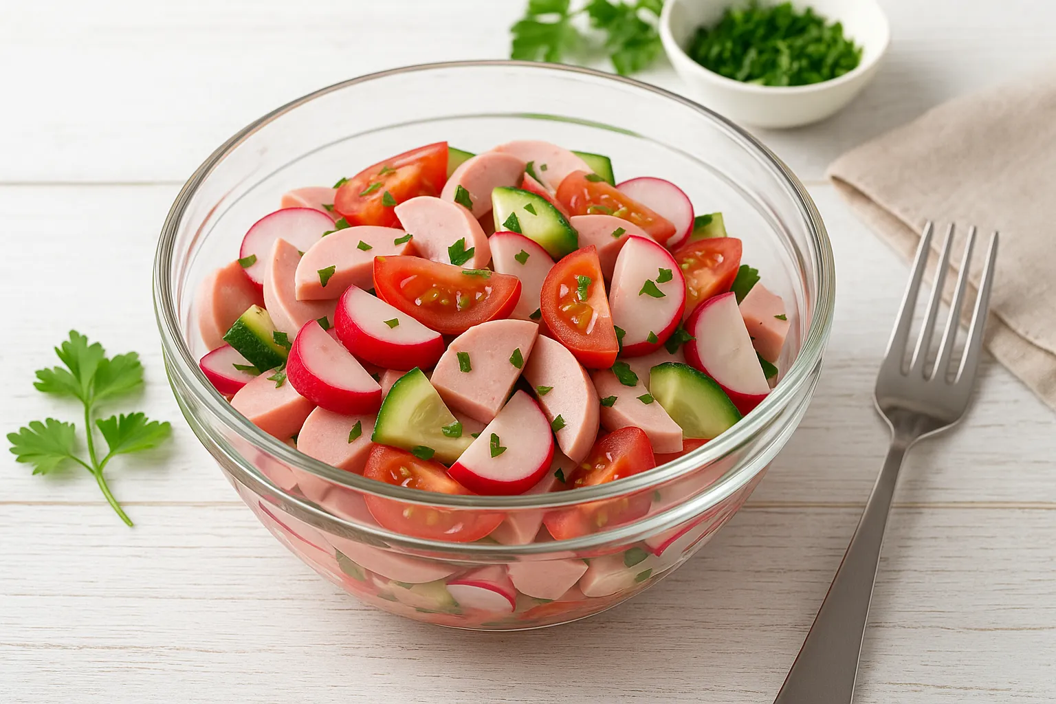 Sommerlicher Wurstsalat mit Bockwurst, Radieschen, Tomaten und Gurke in einer Glasschüssel