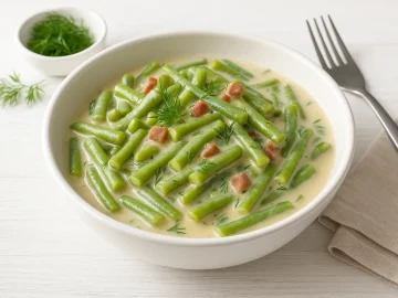 Weiße Schüssel mit süßsauren grünen Bohnen in cremiger Soße, garniert mit Dill und Speckwürfeln auf weißem Holzhintergrund