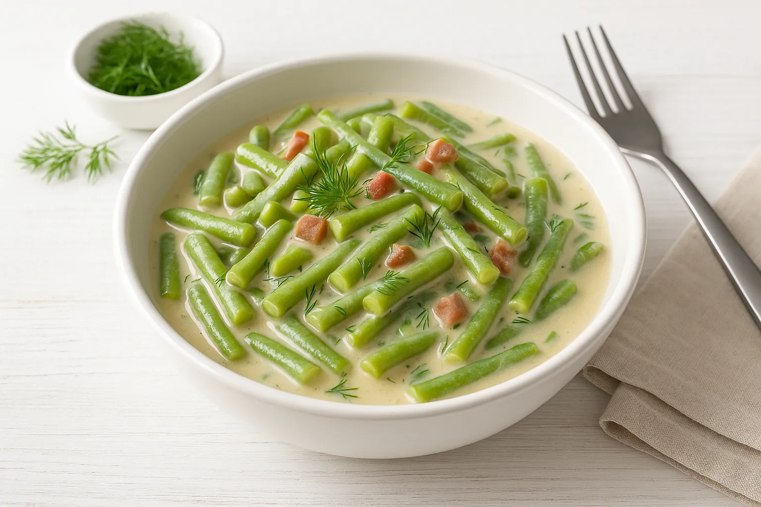 Weiße Schüssel mit süßsauren grünen Bohnen in cremiger Soße, garniert mit Dill und Speckwürfeln auf weißem Holzhintergrund