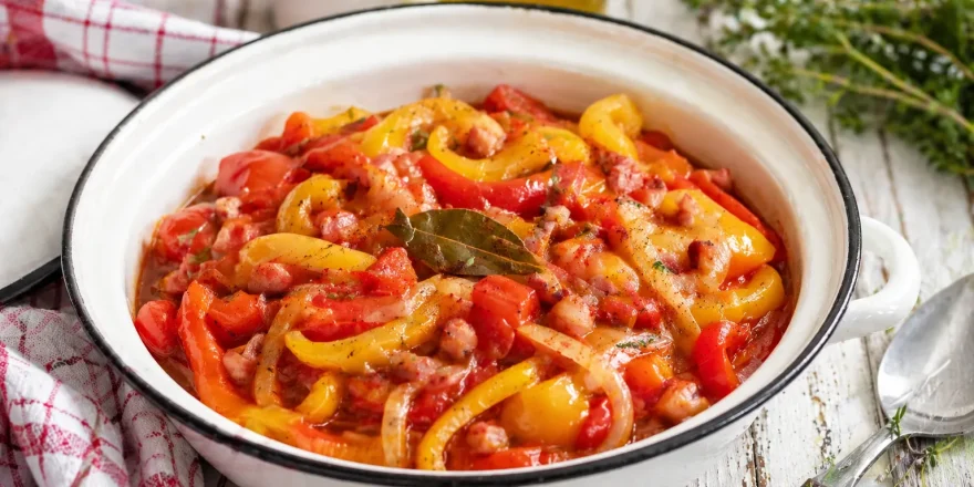 Tomaten-Paprika-Gemüse mit Speck in rustikaler Emaille-Schüssel angerichtet