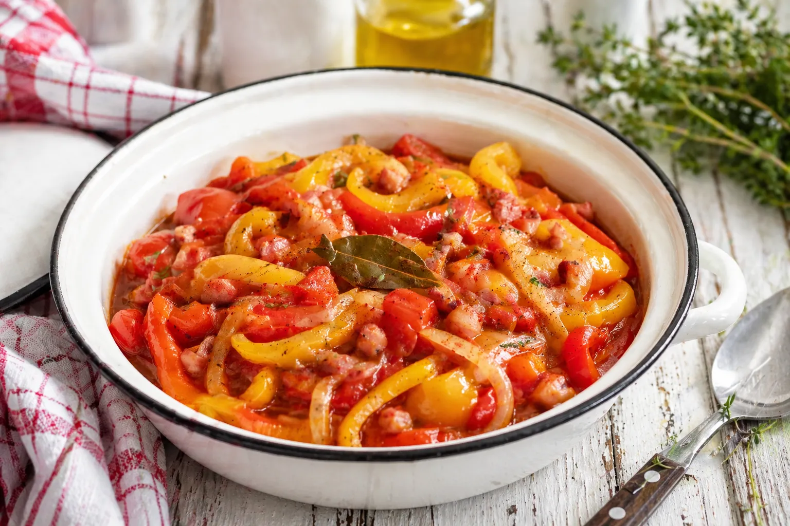 Tomaten-Paprika-Gemüse mit Speck in rustikaler Emaille-Schüssel angerichtet