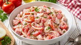 Tomatensalat mit Jagdwurst, Zwiebeln und cremigem Dressing in einer weißen Schüssel auf hellem Holztisch