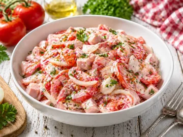 Tomatensalat mit Jagdwurst, Zwiebeln und cremigem Dressing in einer weißen Schüssel auf hellem Holztisch
