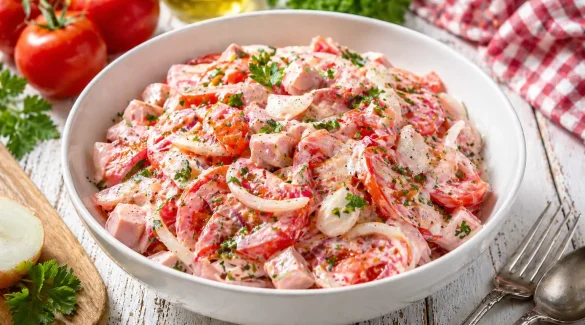 Tomatensalat mit Jagdwurst, Zwiebeln und cremigem Dressing in einer weißen Schüssel auf hellem Holztisch