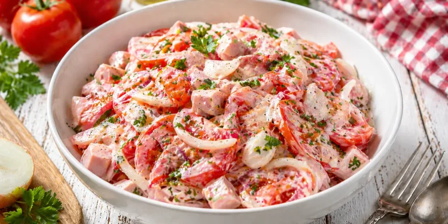Tomatensalat mit Jagdwurst, Zwiebeln und cremigem Dressing in einer weißen Schüssel auf hellem Holztisch