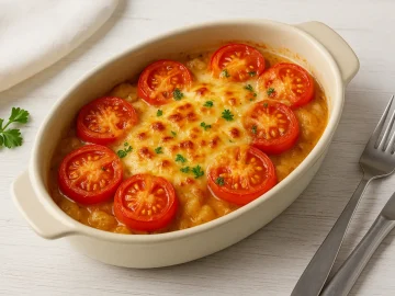 Tomatenschüssel mit Zwiebeln, saurer Sahne und Käse überbacken in einer Auflaufform auf weißem Holzhintergrund