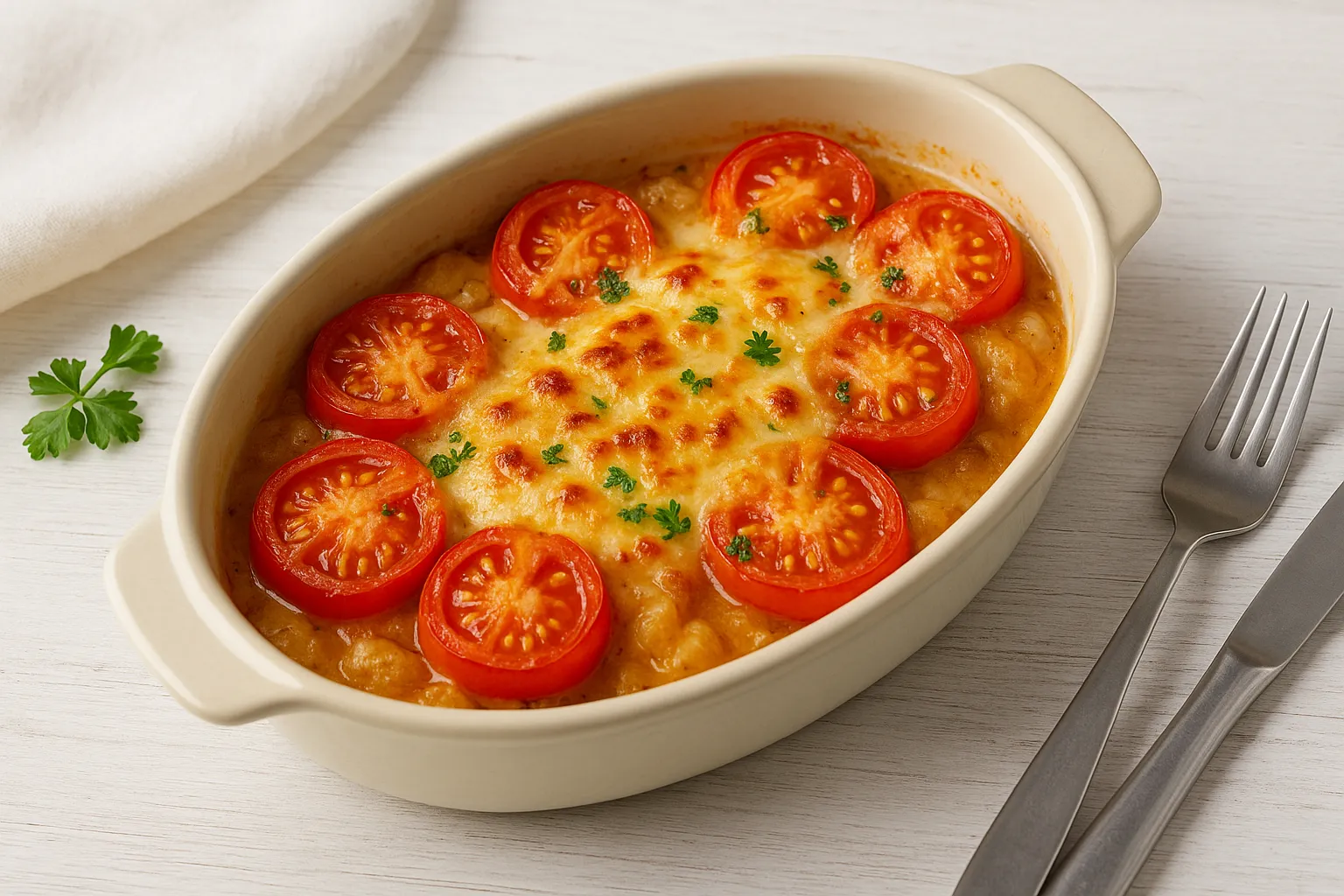 Tomatenschüssel mit Zwiebeln, saurer Sahne und Käse überbacken in einer Auflaufform auf weißem Holzhintergrund
