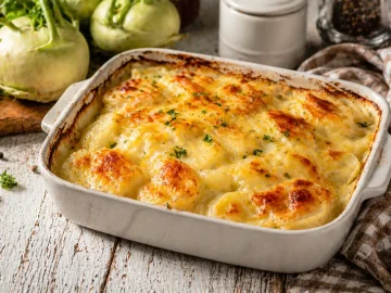 Überbackene Kohlrabi in Auflaufform mit goldbrauner Käsekruste auf rustikalem Holztisch