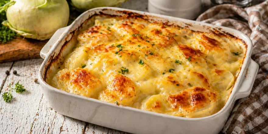 Überbackene Kohlrabi in Auflaufform mit goldbrauner Käsekruste auf rustikalem Holztisch