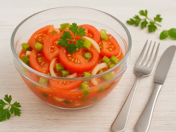 Ungarischer Tomatensalat mit Tomaten, Paprika und Zwiebeln in moderner Glasschüssel serviert