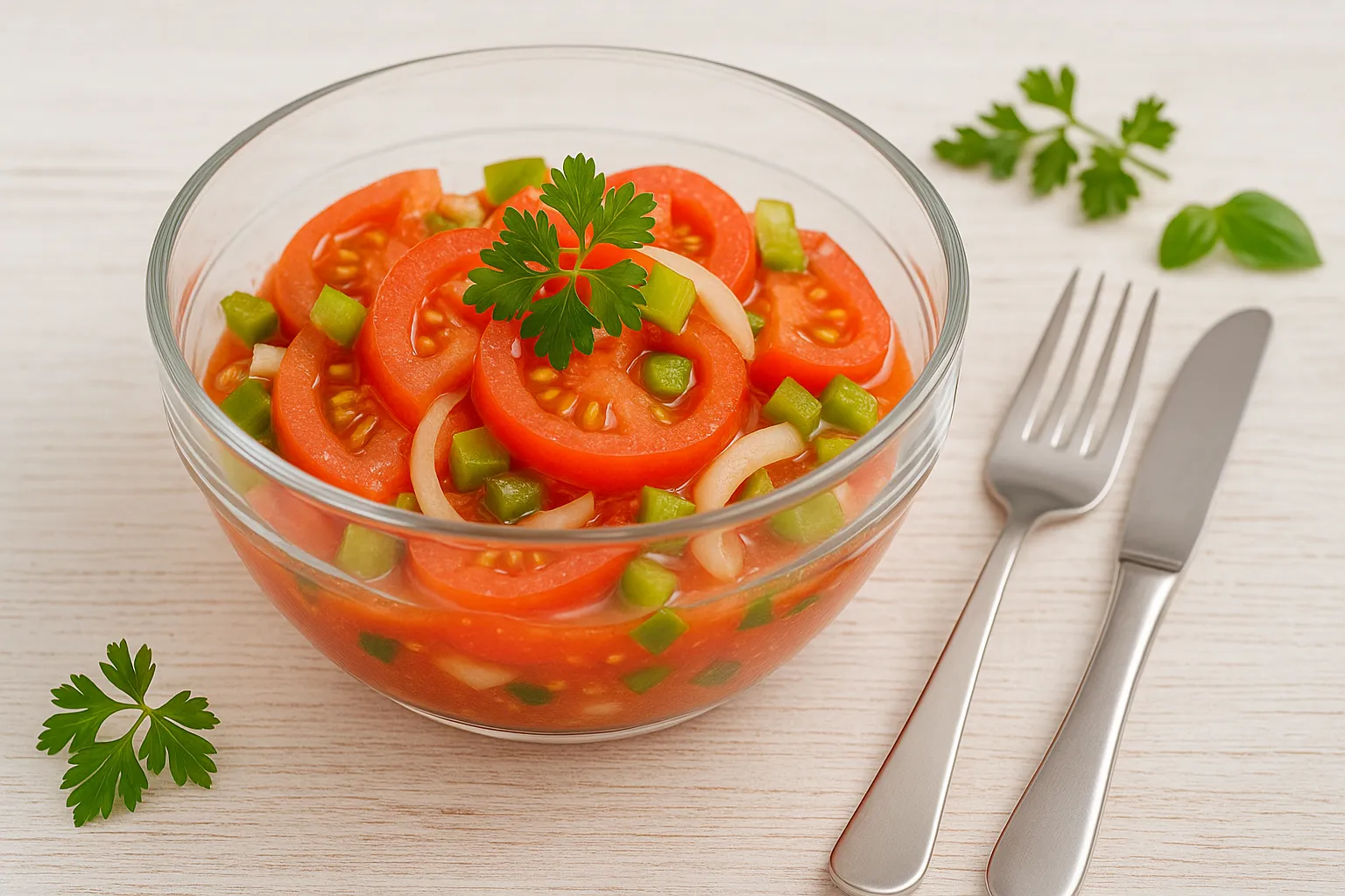 Ungarischer Tomatensalat mit Tomaten, Paprika und Zwiebeln in moderner Glasschüssel serviert