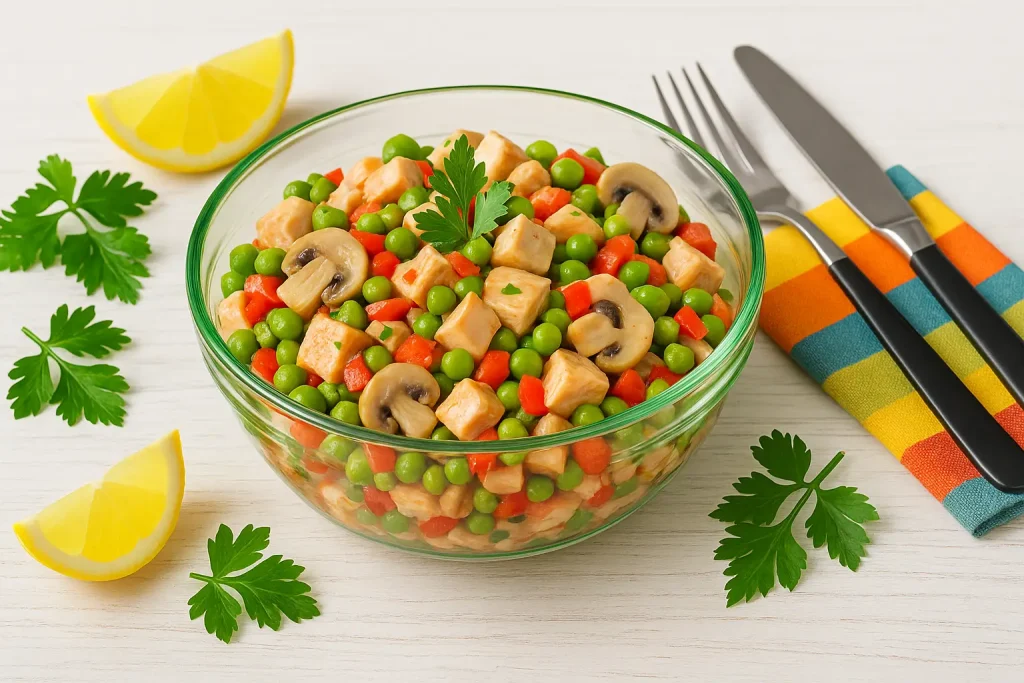  Geflügelsalat mit Erbsen, Paprika und Champignons in grüner Glasschüssel, dekoriert mit Kräutern und modernem Besteck auf weißem Holztisch mit Holzmaserung.