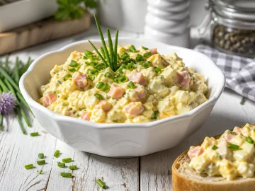 Cremiger Eieraufstrich mit Schinken und Schnittlauch in weißer Schüssel auf rustikalem Holztisch angerichtet