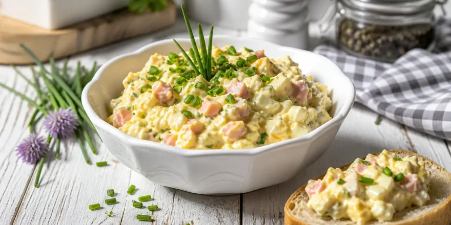 Cremiger Eieraufstrich mit Schinken und Schnittlauch in weißer Schüssel auf rustikalem Holztisch angerichtet