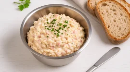 Aufstrich aus Schmelzkäse mit Bierschinken, Ei und Zwiebeln in einer Edelstahlschüssel, daneben frisches Brot auf weißem Holzhintergrund