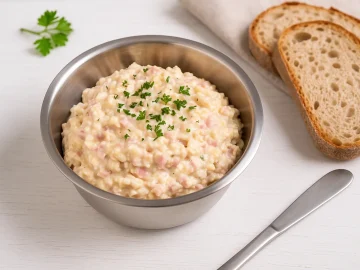 Aufstrich aus Schmelzkäse mit Bierschinken, Ei und Zwiebeln in einer Edelstahlschüssel, daneben frisches Brot auf weißem Holzhintergrund