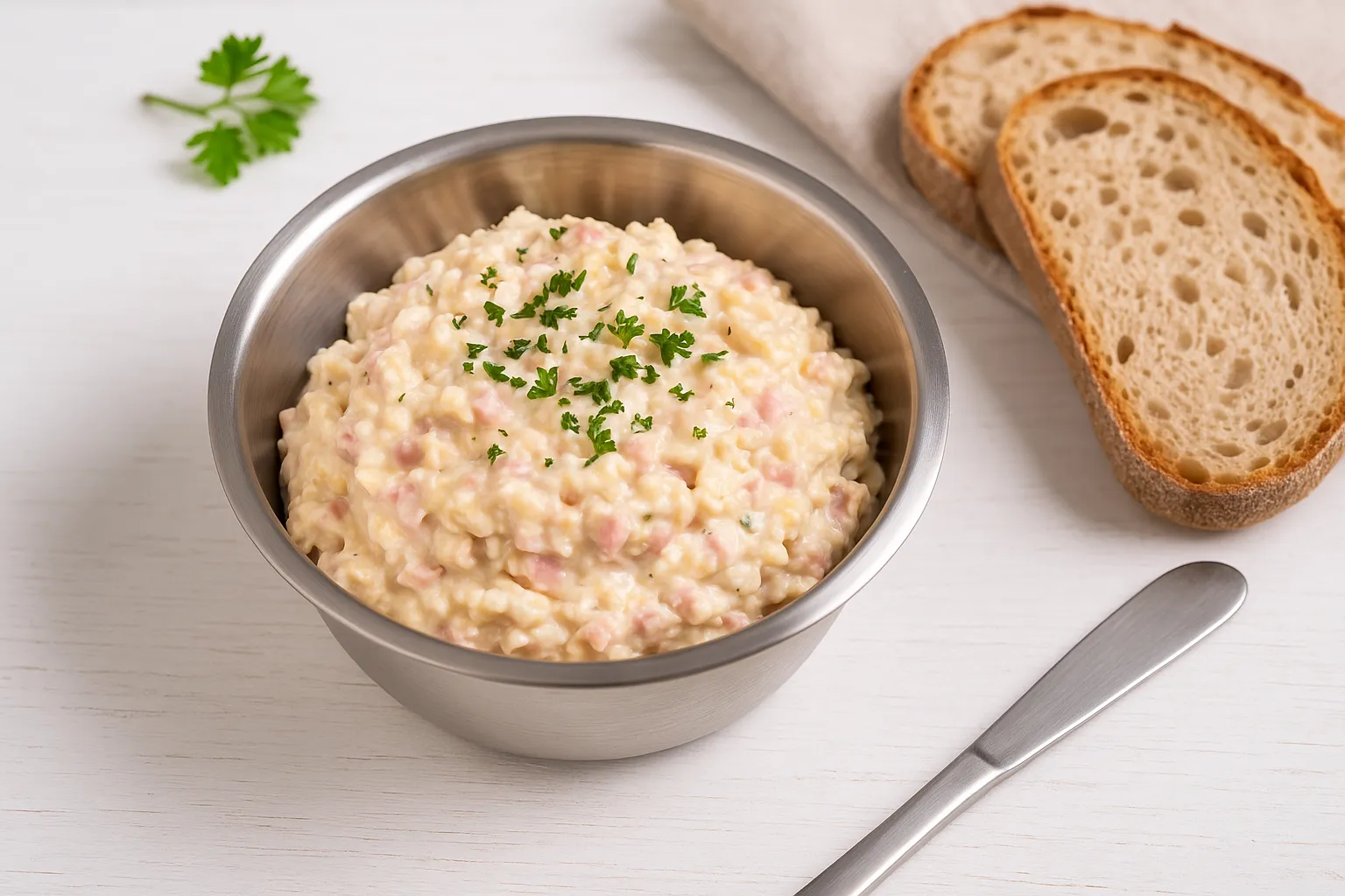 Aufstrich aus Schmelzkäse mit Bierschinken, Ei und Zwiebeln in einer Edelstahlschüssel, daneben frisches Brot auf weißem Holzhintergrund