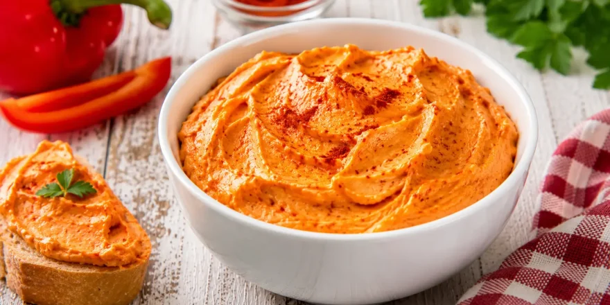 Cremiger Paprika-Aufstrich in weißer Schüssel auf rustikalem Holztisch angerichtet
