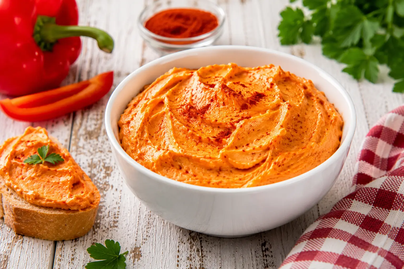 Cremiger Paprika-Aufstrich in weißer Schüssel auf rustikalem Holztisch angerichtet