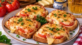 Goldbraun überbackene Bierschnitten mit Tomaten und Käse.