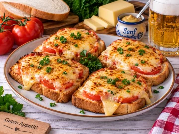 Goldbraun überbackene Bierschnitten mit Tomaten und Käse.