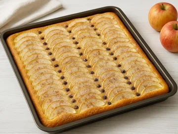 Frisch gebackener Blitz-Apfelkuchen vom Blech mit Apfelspalten, Korinthen und Zucker bestreut