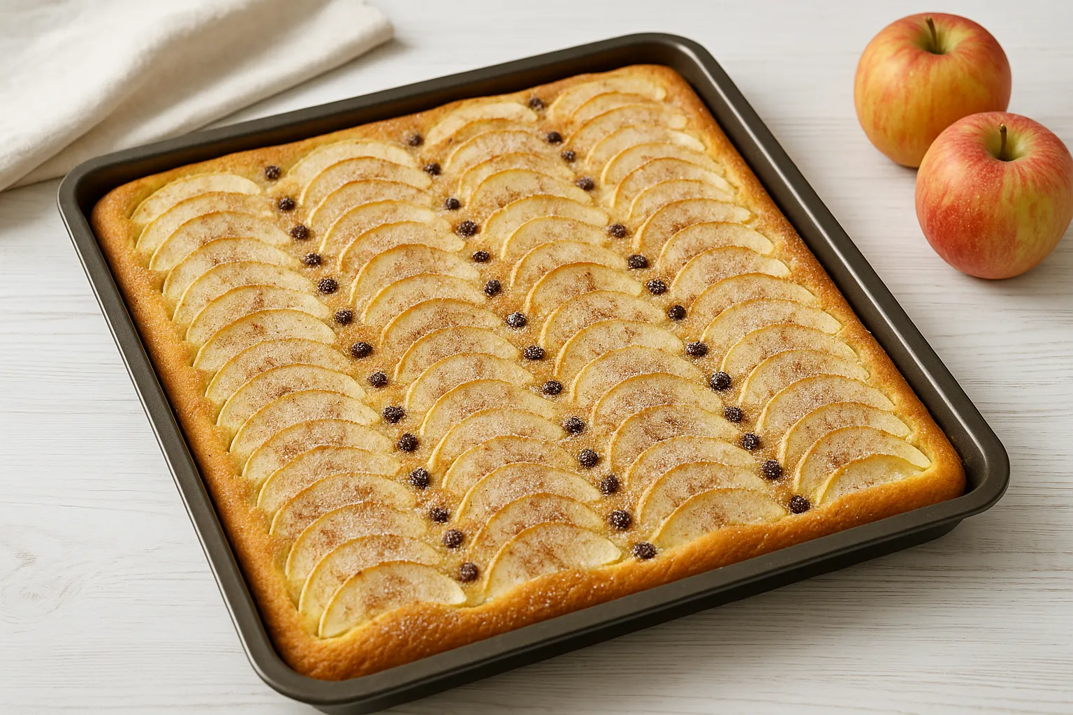 Frisch gebackener Blitz-Apfelkuchen vom Blech mit Apfelspalten, Korinthen und Zucker bestreut