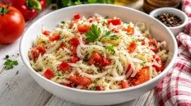 Böhmischer Krautsalat mit Weißkraut, Paprika und Tomaten in Schüssel angerichtet