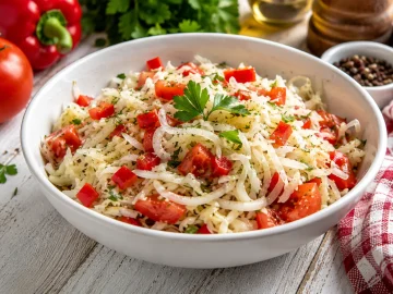 Böhmischer Krautsalat mit Weißkraut, Paprika und Tomaten in Schüssel angerichtet