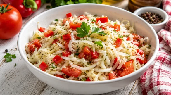 Böhmischer Krautsalat mit Weißkraut, Paprika und Tomaten in Schüssel angerichtet