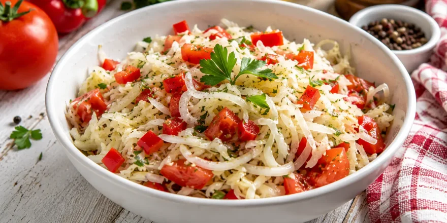Böhmischer Krautsalat mit Weißkraut, Paprika und Tomaten in Schüssel angerichtet