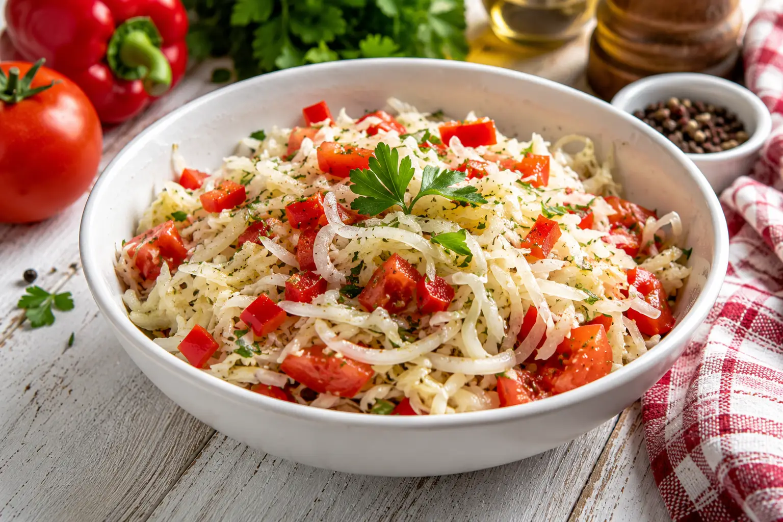 Böhmischer Krautsalat mit Weißkraut, Paprika und Tomaten in Schüssel angerichtet