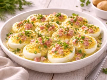 Halbierte Eier mit cremiger Currysahne und Schinkenwürfeln in weißer Schüssel auf hellem Holztisch