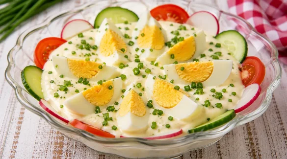 Eier in Mayonnaise mit Schnittlauch und Garnitur in Glasschale angerichtet