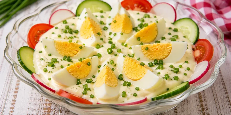 Eier in Mayonnaise mit Schnittlauch und Garnitur in Glasschale angerichtet