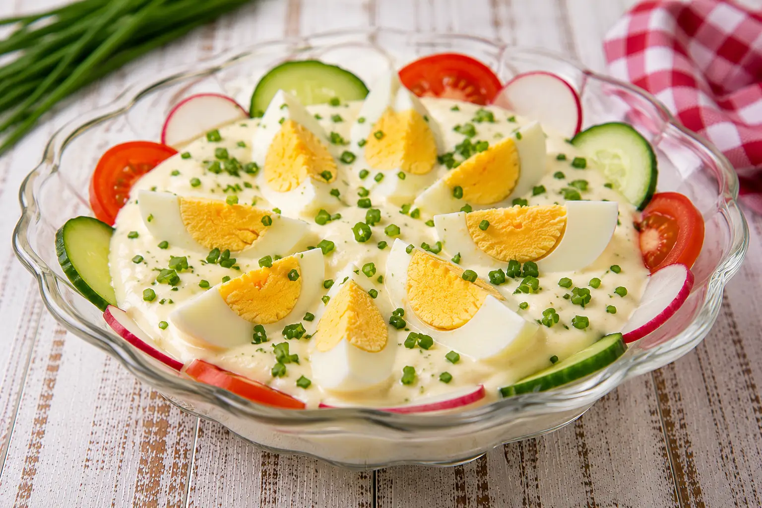 Eier in Mayonnaise mit Schnittlauch und Garnitur in Glasschale angerichtet