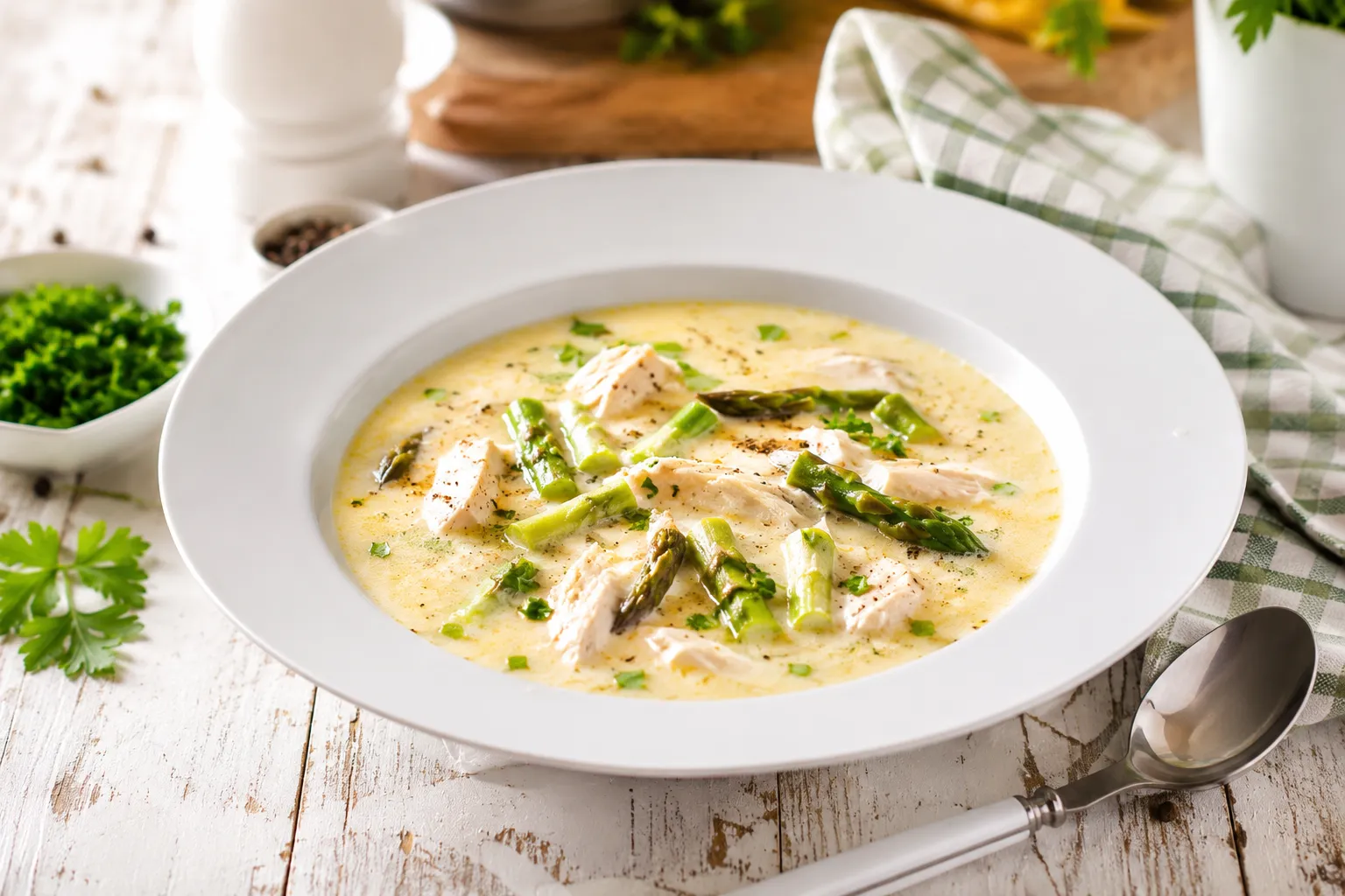 Cremige Hühnersuppe mit Spargelköpfen und zartem Hühnerfleisch in weißem tiefen Teller auf rustikalem Holztisch