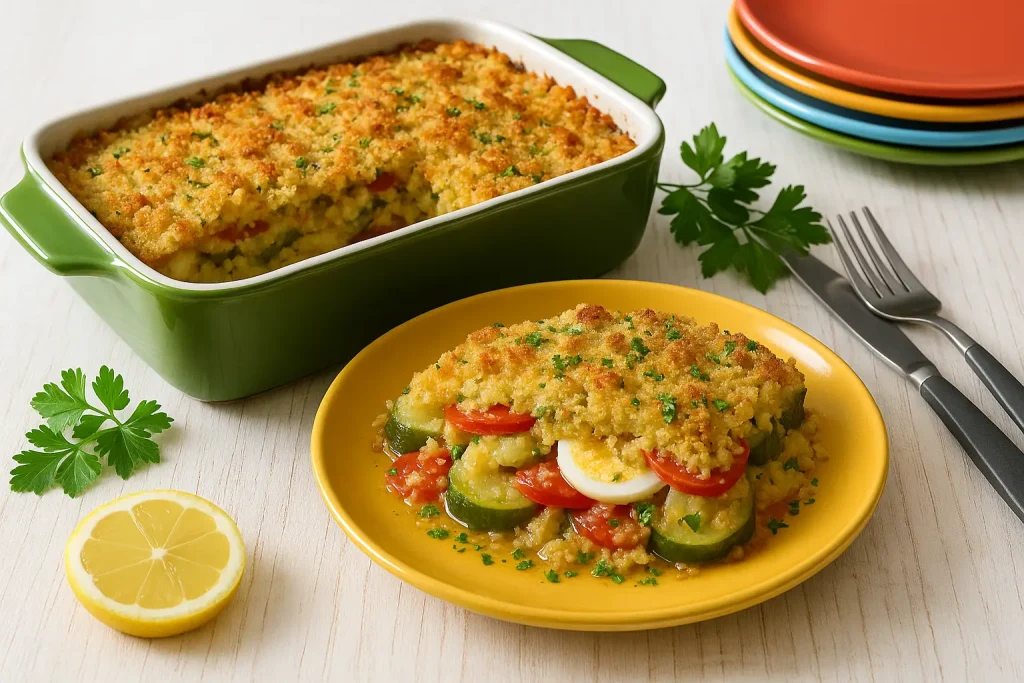 Gurkenauflauf nach DDR-Rezept in grüner Auflaufform, goldbraun überbacken mit Käse, ein Stück auf gelbem Teller, sichtbare Schichten aus Gurke, Tomate und Ei, modernes Besteck, frische Petersilie, weiße Holzplatte.