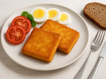 Heiße Käseschnitzel goldbraun ausgebacken, serviert mit Tomaten- und Eischeiben auf weißem Teller