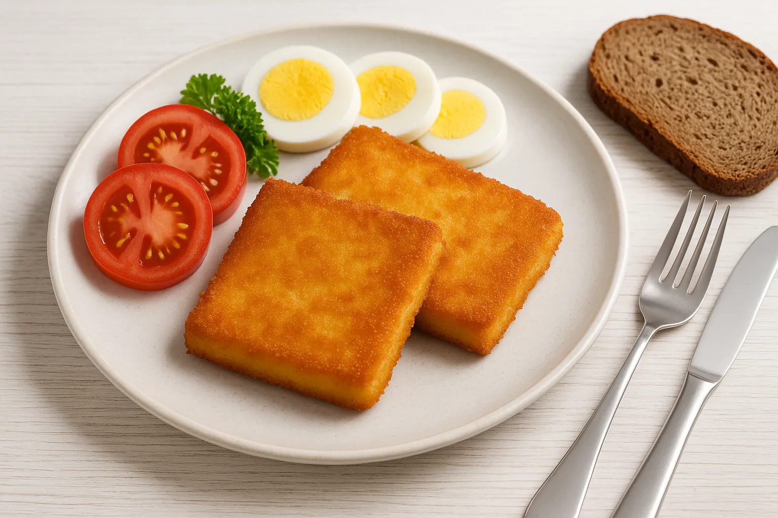 Heiße Käseschnitzel goldbraun ausgebacken, serviert mit Tomaten- und Eischeiben auf weißem Teller