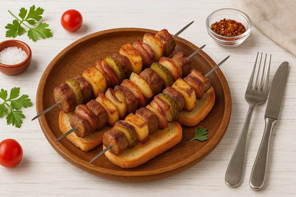  Herrenspieße mit Fleisch, Käse, Speck und Gurke auf getoastetem Weißbrot, serviert auf rustikalem DDR-Teller.