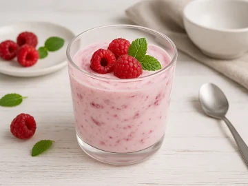 Glas mit Himbeer-Joghurt-Speise, garniert mit frischen Himbeeren und Minze auf weißem Holzhintergrund