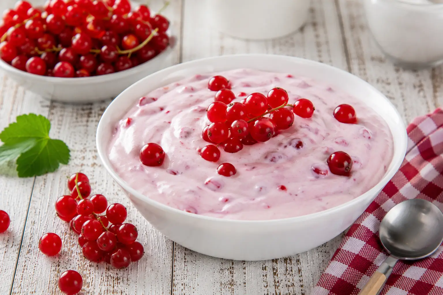 Johannisbeer-Quark-Speise mit frischen Beeren in Schälchen auf weißem Holztisch