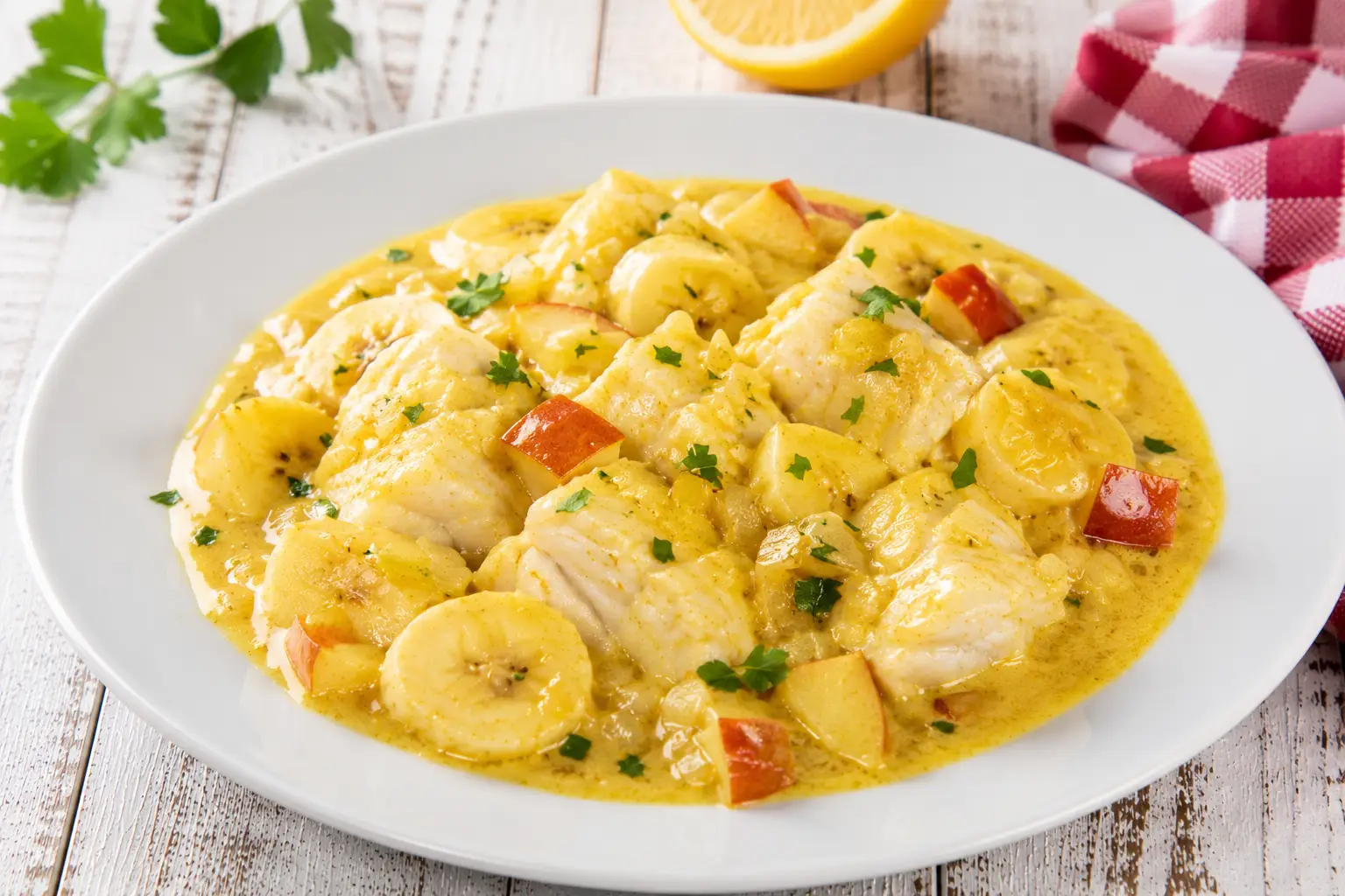 Kabeljauragout mit Curry, Apfel und Banane in cremiger Soße auf weißem Teller angerichtet