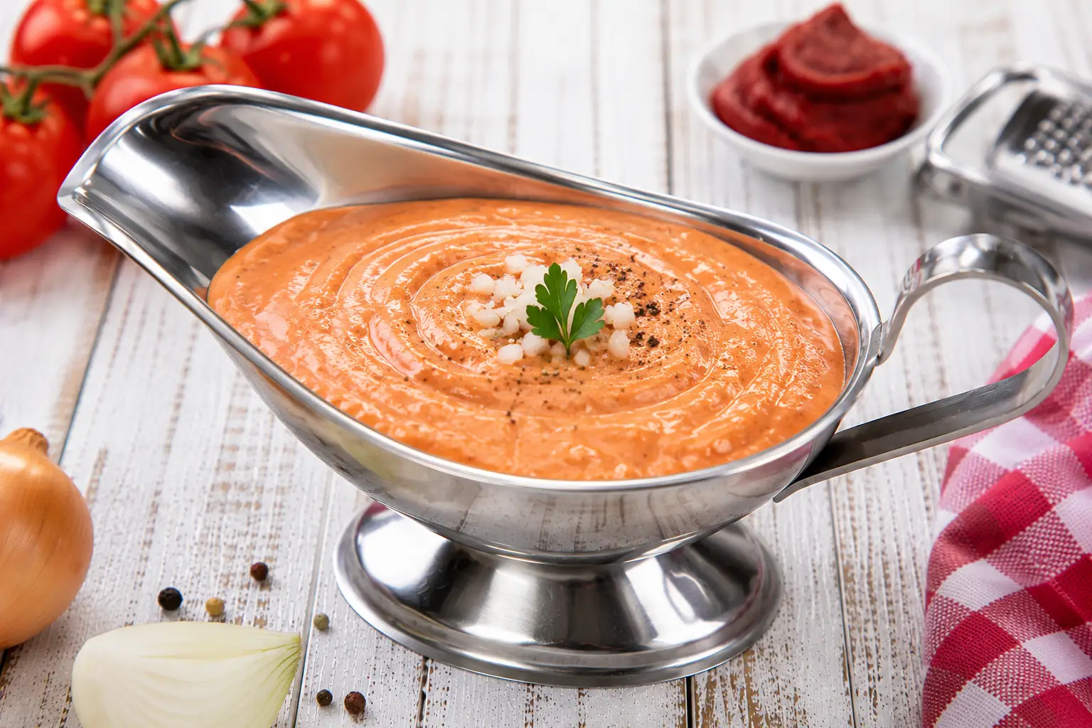 Kalte Tomatensoße in Edelstahlsauciere auf weißem Holztisch angerichtet