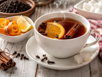 Kirgisischer Festtagstee mit Zimt, Nelken und Zitrusfrüchten in Tasse auf weißem Holztisch