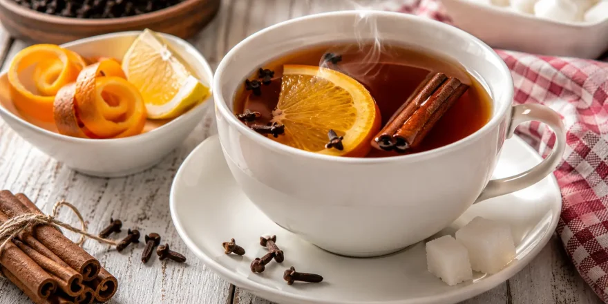 Kirgisischer Festtagstee mit Zimt, Nelken und Zitrusfrüchten in Tasse auf weißem Holztisch