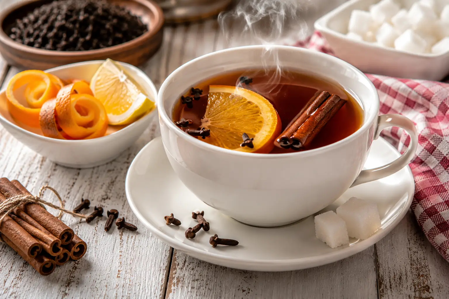 Kirgisischer Festtagstee mit Zimt, Nelken und Zitrusfrüchten in Tasse auf weißem Holztisch
