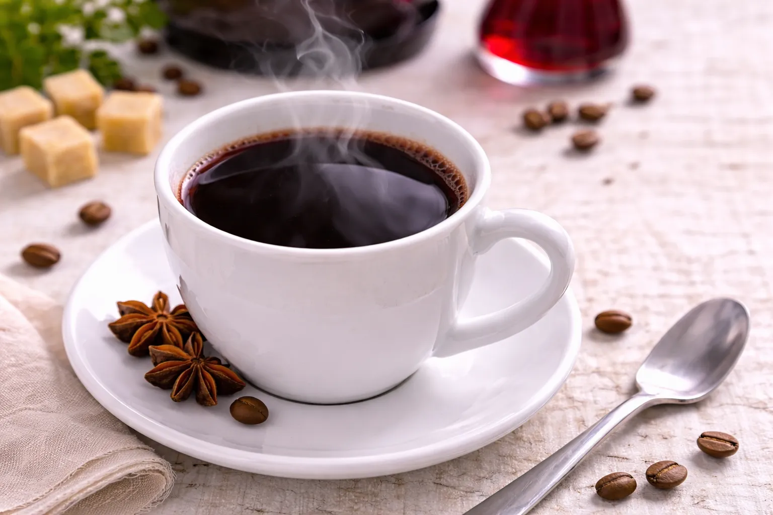 Heißes Getränk aus Kaffee, Rotwein und Wodka in weißer Tasse auf hellem Holzhintergrund